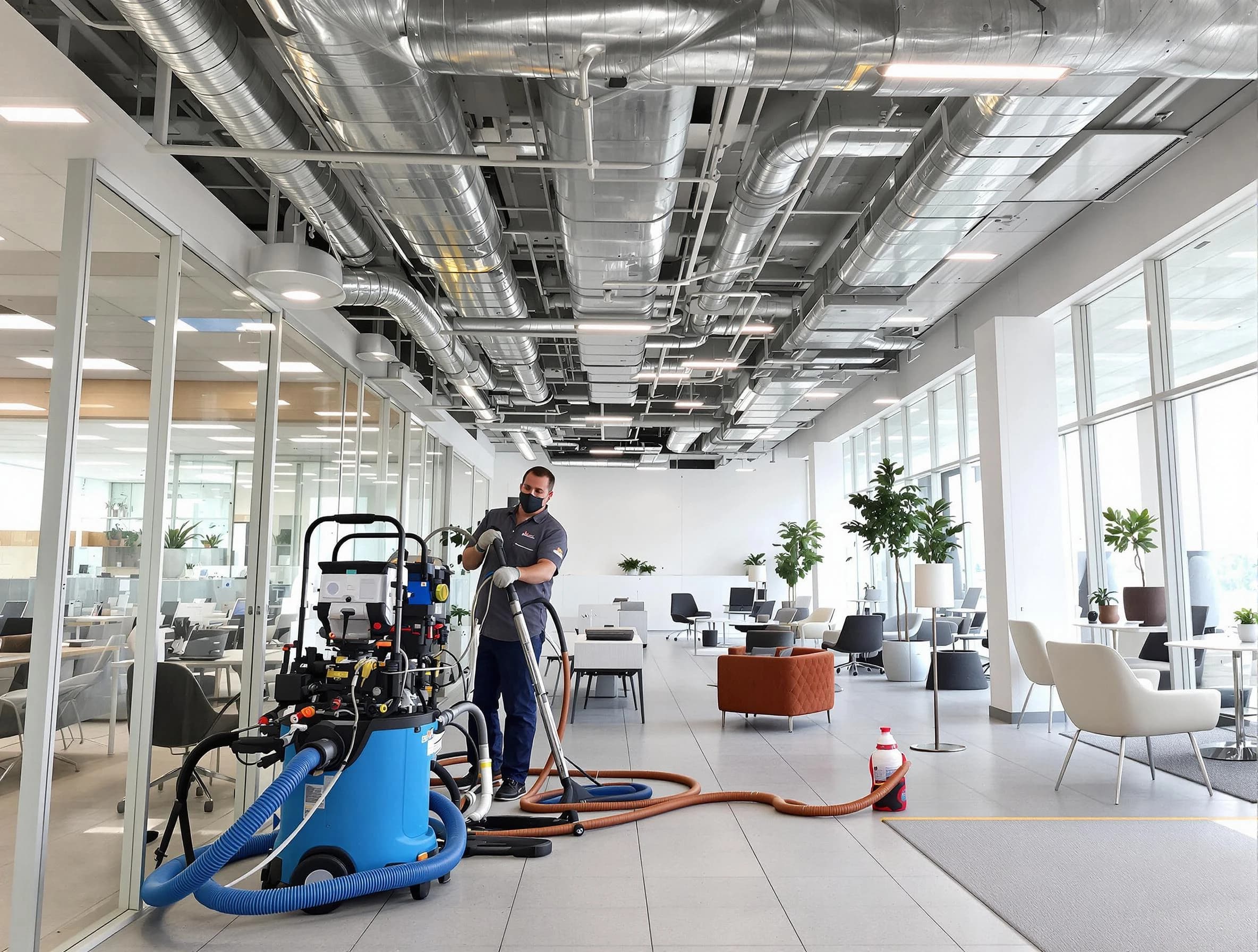 Westford Air Duct Cleaning team conducting comprehensive commercial duct cleaning at a business location in Westford