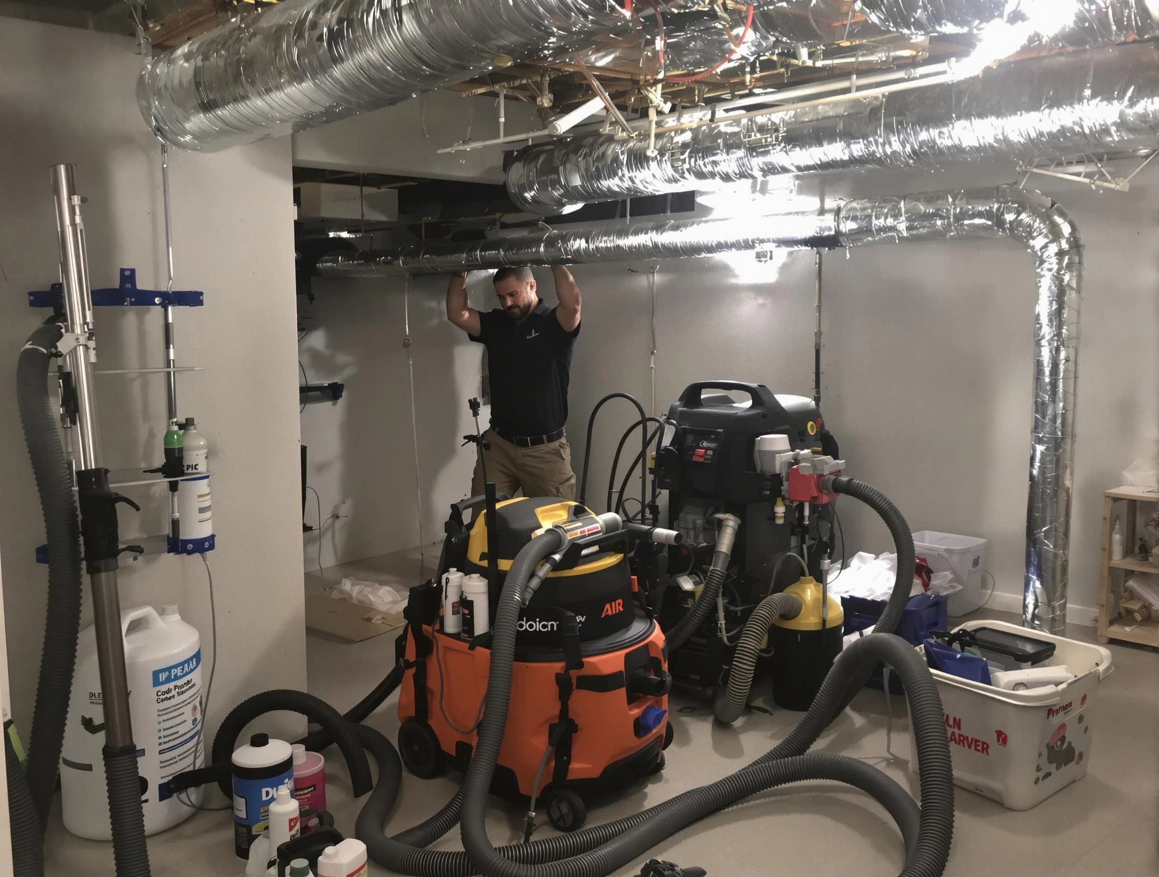 Westford Air Duct Cleaning specialist performing professional mold removal from air ducts using safety equipment in Westford