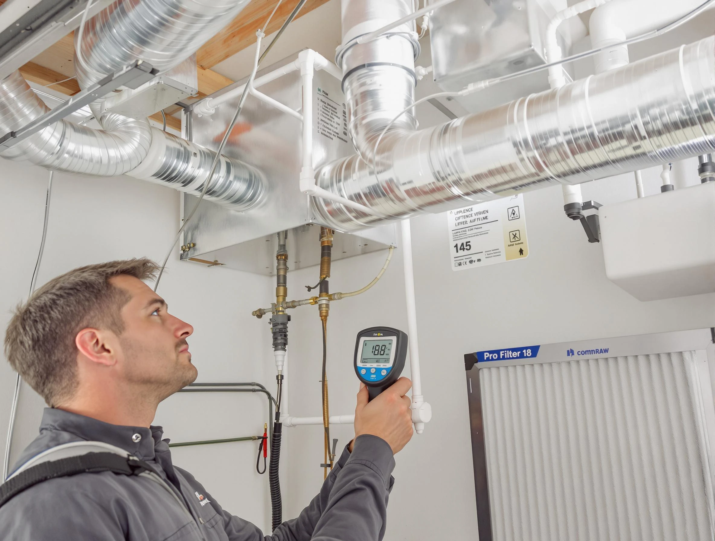 Westford Air Duct Cleaning expert conducting detailed filter system inspection using diagnostic tools in Westford