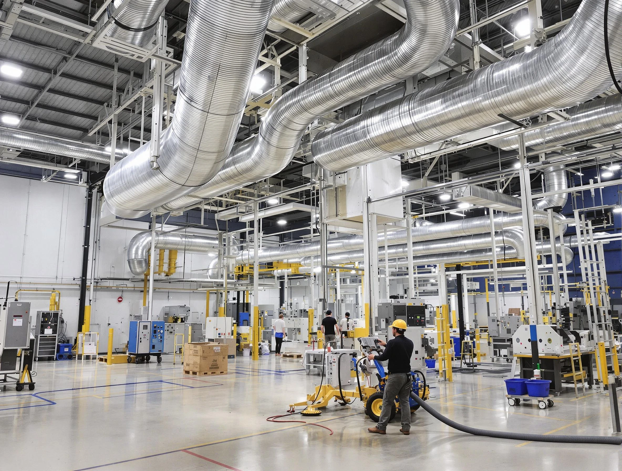 Westford Air Duct Cleaning team performing comprehensive industrial duct cleaning at a large facility in Westford