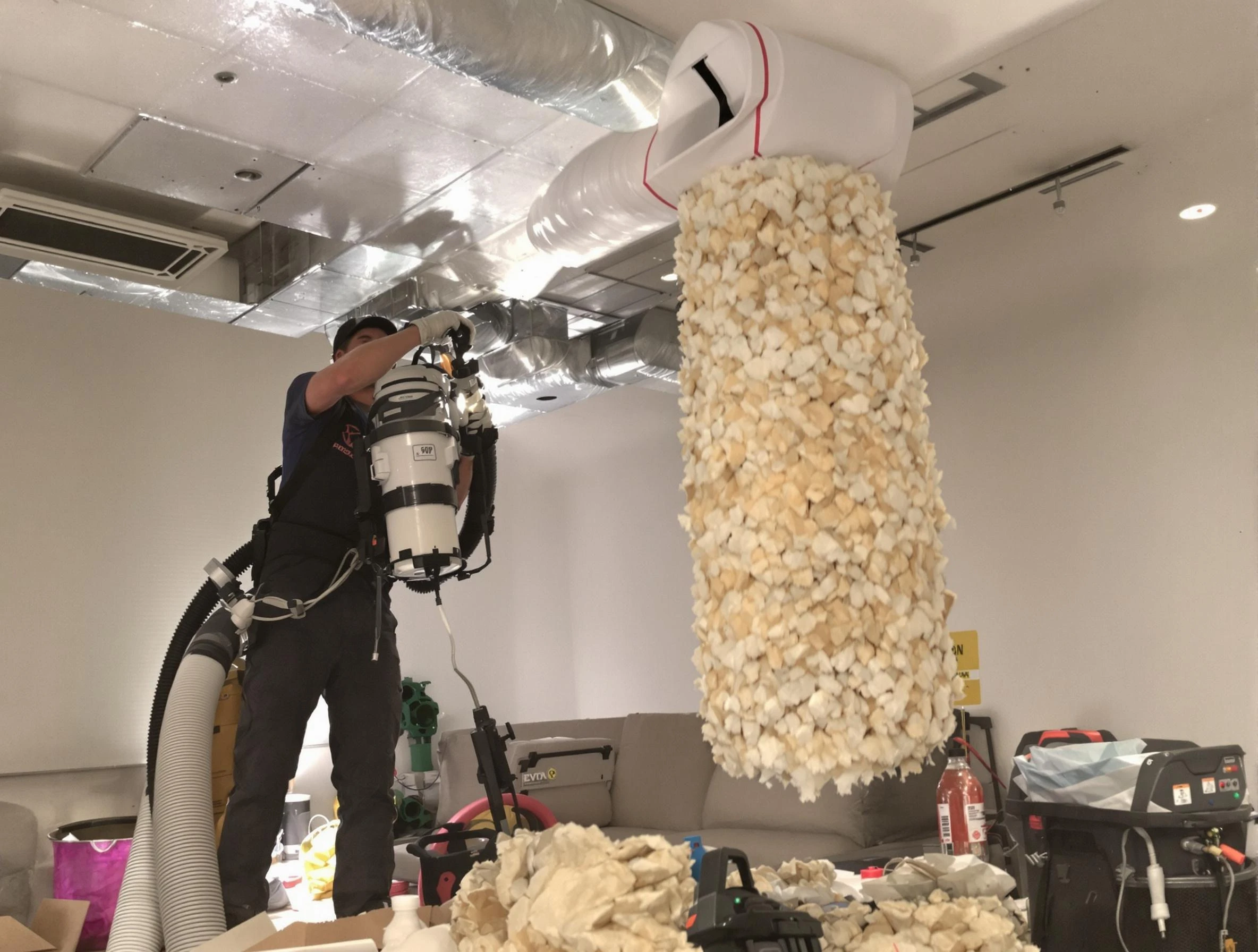 Westford Air Duct Cleaning technician performing precision vacuum insulation removal in a residential property in Westford
